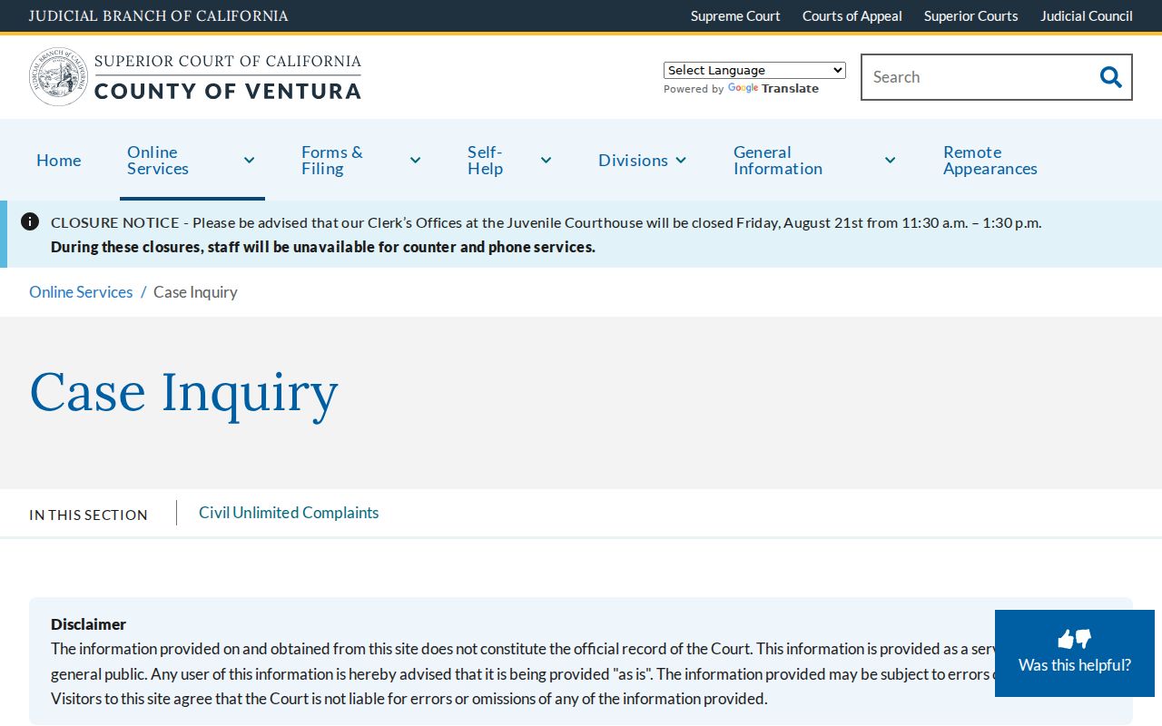 Camarillo residents directory Ventura court case inquiry